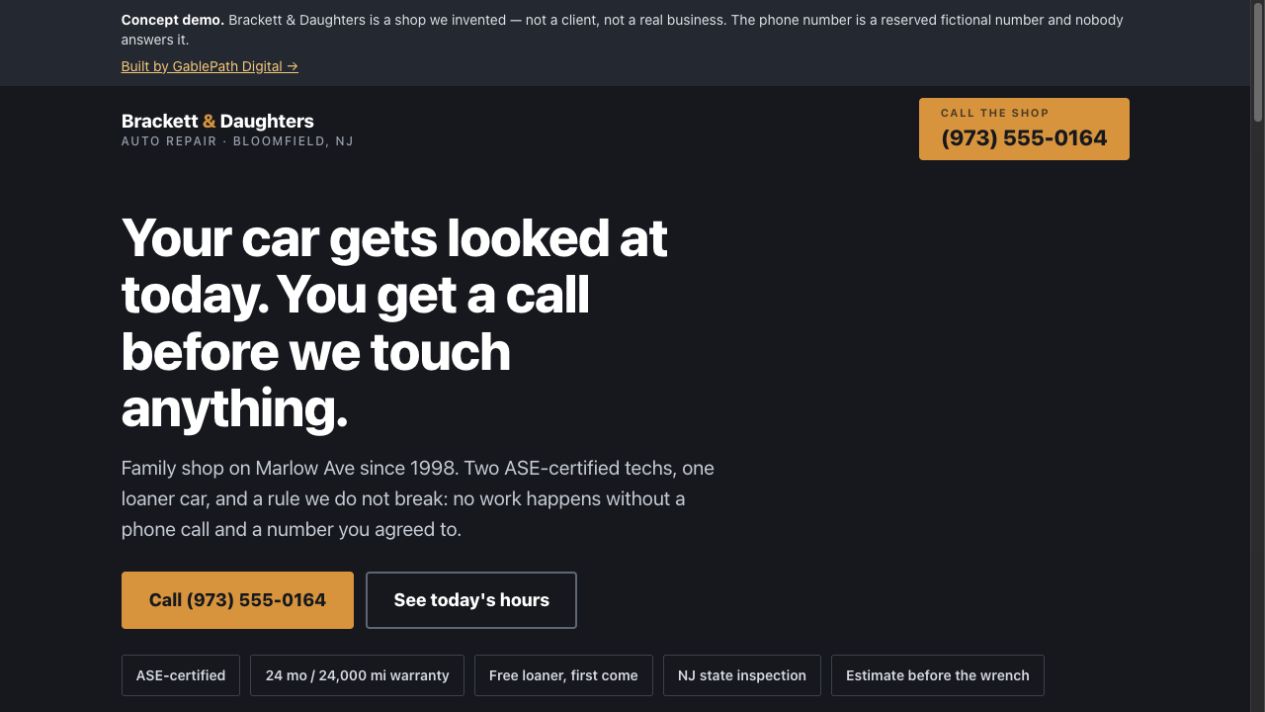 Homepage design for the fictional Brackett & Daughters Auto Repair concept
